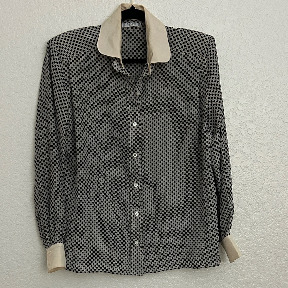 1970s Vintage Celine Paris Silk Blouse and Skirt Set Black Cream Geometric.